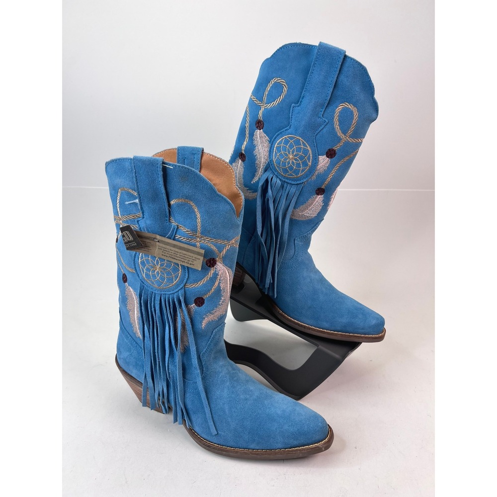 Dingo Daydream Blue Suede Leather Fringe Dream Catcher Western Cowgirl Boots - Picture 5 of 8